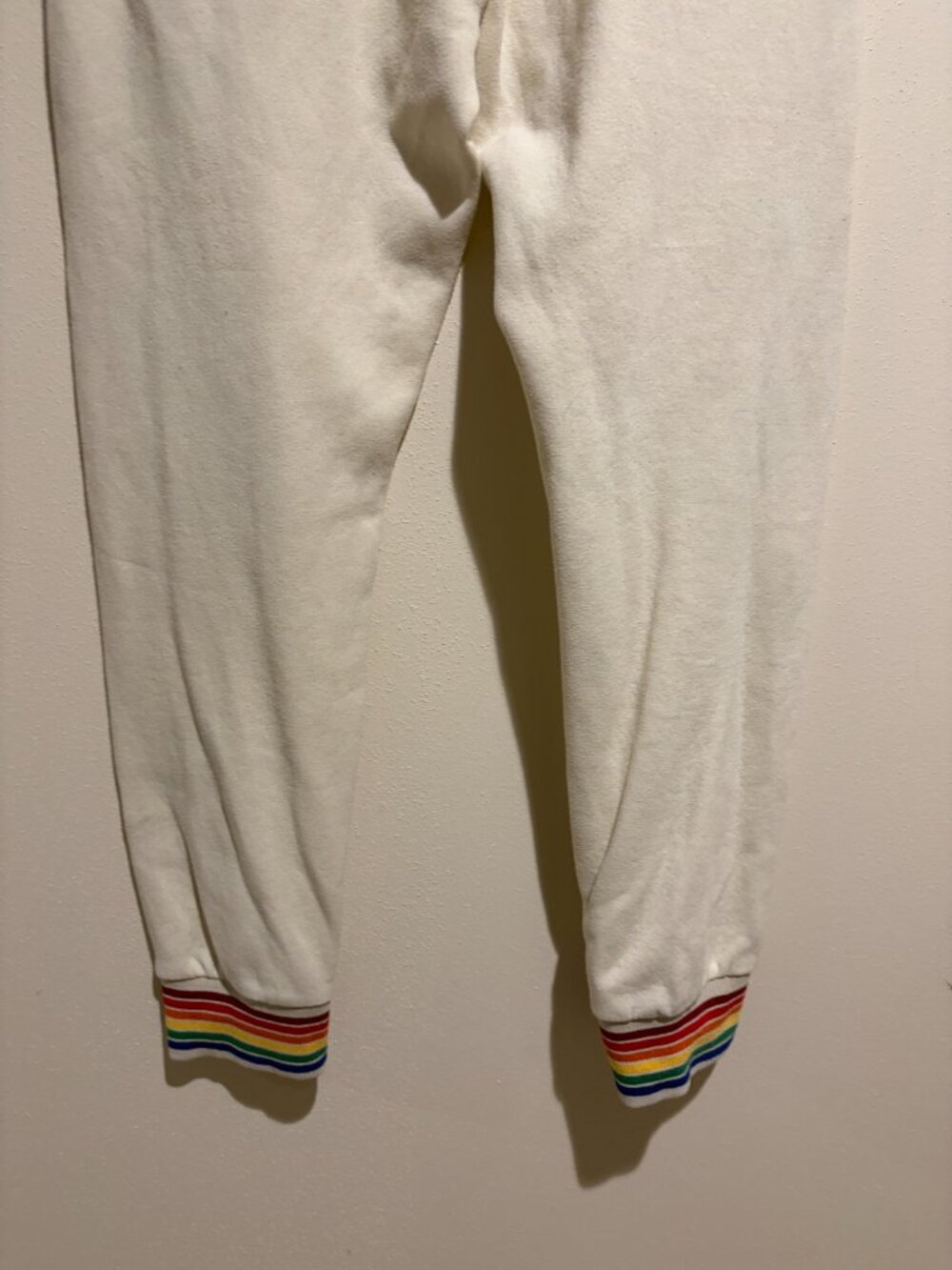 Aviator Nation Joggers Sweatpants Cream Rainbow Stripe Ribbed Trim - Picture 12 of 15